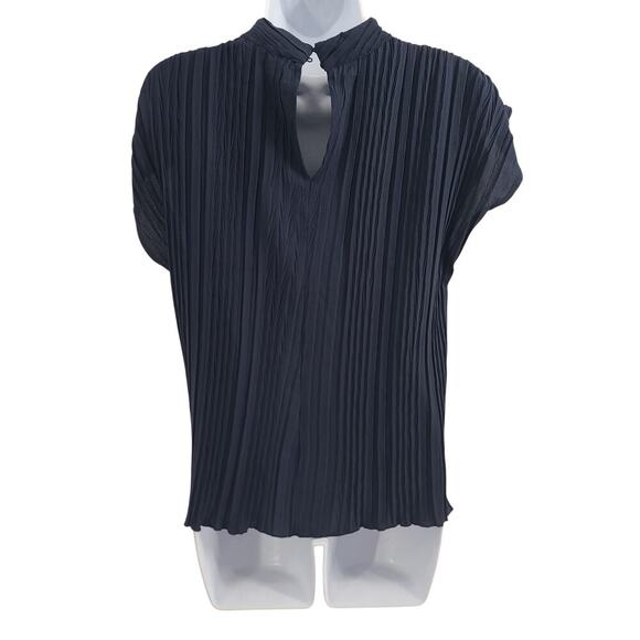Melloday pleated design flutter sleeve women's blouse navy blue Sz Small office - Picture 3 of 7